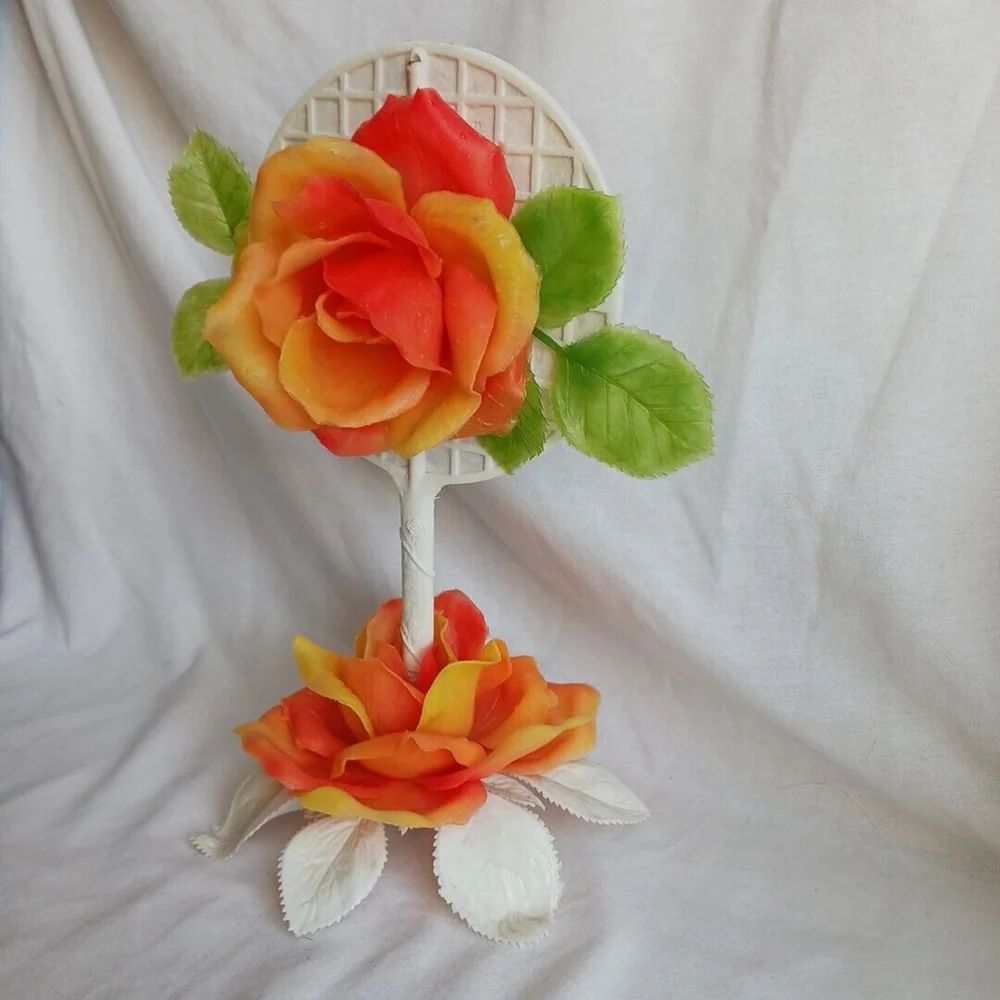 Vintage Handheld Mirror Orange Roses Plastic